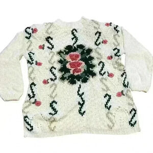 Vintage Emerald Isle Hand Knitted Floral Sweater Size Small Oversized 90s Granny
